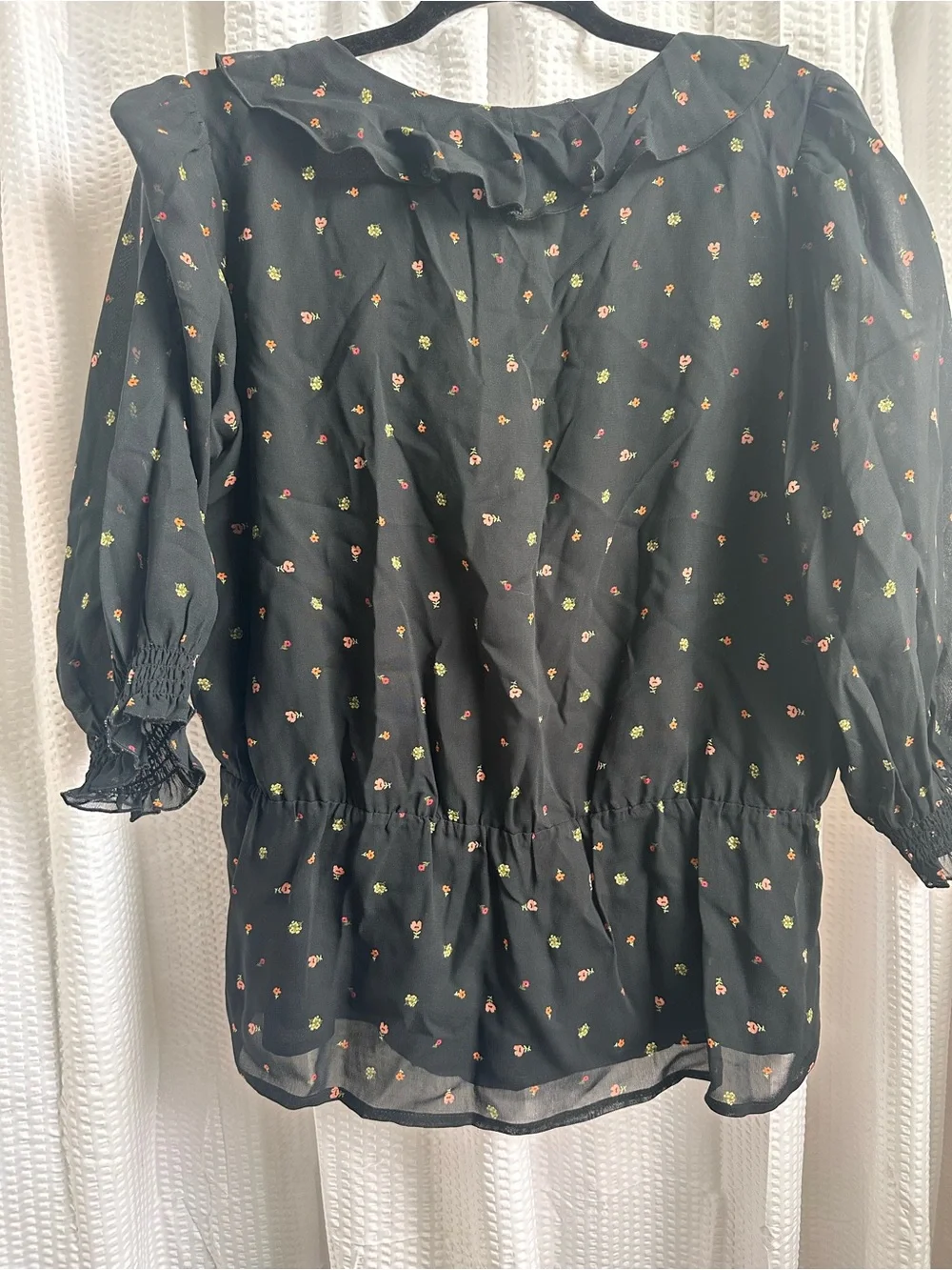 Sanctuary Black Sheer Ruffle Peplum Blouse with Micro Dot Print - Picture 3 of 4